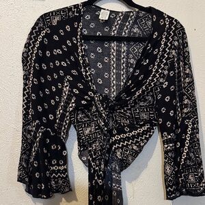 Bohemian Black and White Tie-Front Top